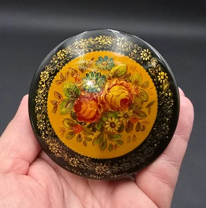 Russian Lacquer Box Round Trinket Box Hand Painted Floral Art Signed 2.75" - Picture 1 of 7