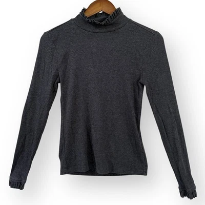 J Crew 女式复古罗纹荷叶边 T 恤炭灰色小号 BM317 — 第 1/4 张图片