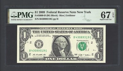 United States-Federal Reserve 1 Dollar 2009 Fr#3000-B (BG Block) UNC Grade 67 - Image 1 of 2