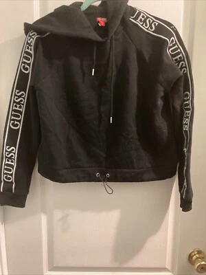 GUESS Jet Negro Blanco Logo con Rayas Blancas Sudadera con Capucha Cordón Parte Inferior Talla Pequeña Foto 1 de 4