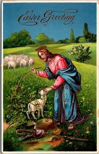 Cartolina Gesù Cristo Salvatore Agnello Pecora Pastore Pasqua Oro Goffrato - Foto 1 di 2
