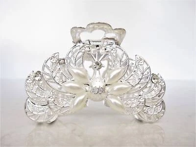 Серебряный металлический павлин искусственный жемчуг и прозрачный кристалл волос коготь зажим свадебный зажим - Изображение 1 из 4