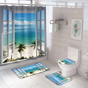 Beach Scenic Shower Curtain Waterproof Bathroom Bath Mat Toilet Cover Mat Set - Picture 1 of 13