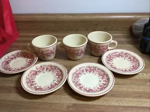 Lot 7 Red Floral Tan 40's INCA WARE  Shenango China 3  cups MUGS & 4 saucers - Picture 1 of 9
