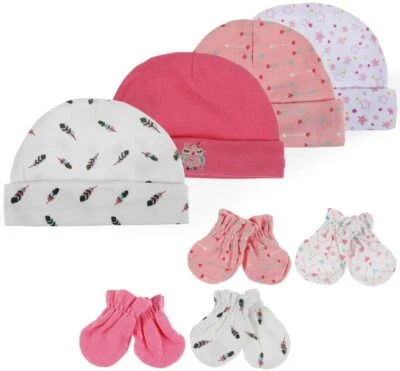 0-6 Meses Bebé Recién Nacida 4 Sombreros de Algodón y 4 Guantes - Comestible Honesto Foto 1 de 3