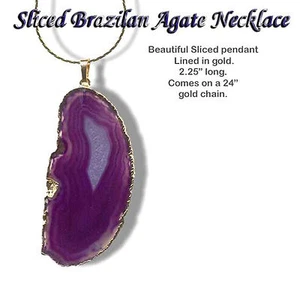 Purple Brazilian Agate gold Lined Pendant w chain cp510J - Picture 1 of 1