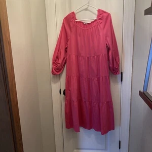 Trina Turk Cassia Tiered Midi Cotton Dress Size L Playa Pink Balloon Puff Sleeve - Picture 1 of 10