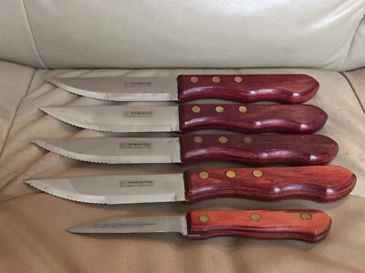 4 cuchillos para carne de punta dentada TRAMONTINA 5" mango rojo remaches de latón + cuchillo para pelar Foto 1 de 4