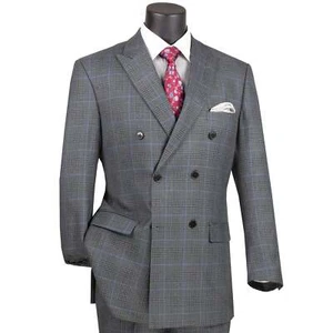 VINCI Men's Glen Plaid Double-Breasted 6-Button Classic Suit - 38R-56L, 6 Colors - Picture 1 of 25