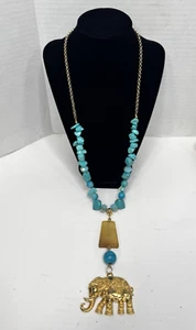 Chain Necklace Turquoise Beads Gold tone Metal Elephant Pendant Fashion Jewelry - Picture 1 of 7