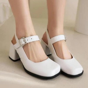 Women's Dress Mid Block Heel Square Toe Mary Janes Pump Slingback Fashion Shoes - Picture 1 of 26