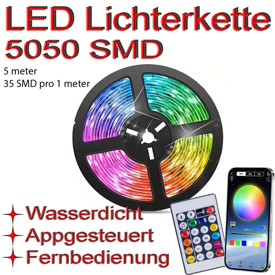 Striscia LED RGB 5050 Nastro Luce Impermeabile Catena Di Luci 5M - Immagine 1 di 1