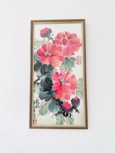 Pintura acuarela original china de colección patrón peonía roja decoración de pared vertical - Imagen 1 de 12