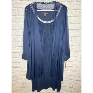 R&M Richards 2 Pc Navy Glitter Tank Midi Dress Sheer Cardigan Jeweled NWT 22W - Picture 1 of 8