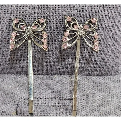 VTG Pink Rhinestones Silver Pair of Butterflies Hair Pins Lightweight Metal - Image 1 of 3