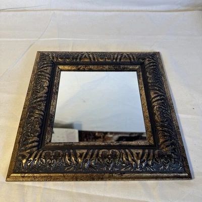 Beautiful 9 x 9" x .75" Antiqued Gold Finish Resin Frame Square Wall Mirror - Image 1 of 4