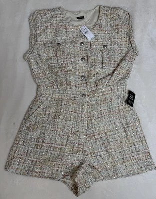 Nuevo con etiquetas $128 Express Tweed Lentejuelas Utilidad Mameluco Trabajo Cóctel Mujeres Talla 10 Foto 1 de 4