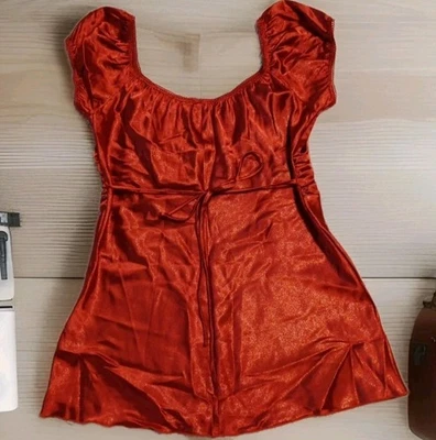 Vtg Y2K Babydoll Top M Red Satin Romantic Whimsigoth Grunge Puff Sleeve Holiday  - Image 1 of 4