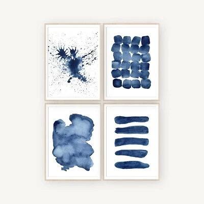 Juego de 4 impresiones artísticas a juego estilo Hamptons azul marino acuarela abstracta Foto 1 de 4