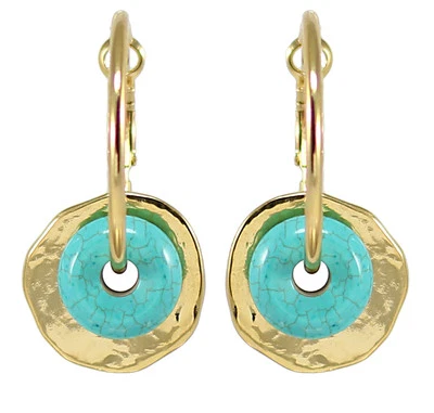 Designer Yellow Gold 24K coated Hoop Earrings w Turquoise Stone & Gold Disc - Изображение 1 из 4