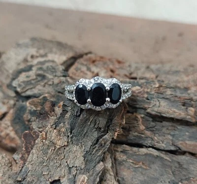 Plata de ley 925 3 gemas de ónix negro natural, anillo de piedras preciosas d... - Imagen 1 de 4