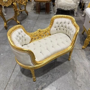Tufted Bench White Velvet French Style Gold Details Rococo Baroque Furniture - Picture 1 of 8