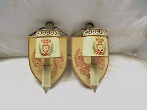 French Provincial Vintage Toleware Wall Sconces Birds of Paradise & Royal Shield - Picture 1 of 19
