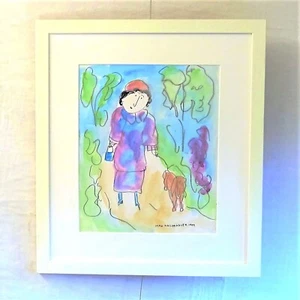Dora Holzhandler signed dog walking wall decor art original watercolour painting - Picture 1 of 7