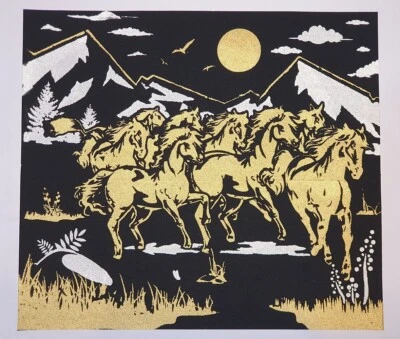 Black Thai Art Silk 8 Gold Running Horse Print Poster Painting Animal Home Decor - Image 1 of 4