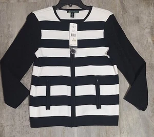 Lauren Ralph Lauren Medium Womens Zip-up Sweater Black And White Zip Pocket - Picture 1 of 12