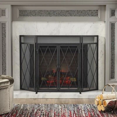 Kyomi Modern Iron Folding Fireplace Screen with Door - Image 1 of 4