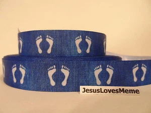 Grosgrain Ribbon, Baby Feet on Faded Blue, Right To Life, Baby Boy, 7/8" - Picture 1 of 1