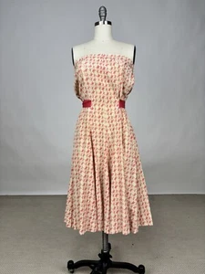 Vintage 1940s Novelty Rickshaw Print Silk Strapless Dress Pink and Beige AS IS - Picture 1 of 14
