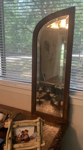 Antique Art Deco Wood Wall Mirror Vintage Beveled Glass Edge 32” High x 12” Wide Cover