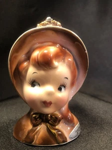 Vintage Enesco~ Lady Head Vase~ Small Golden Girl~ Ceramic~ Japan - Picture 1 of 12