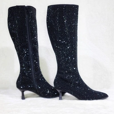 Botas hasta la rodilla Kitty brillantes negras con estrás de 2,5" tacones de gatito anchos amigables con la pantorrilla Foto 1 de 4