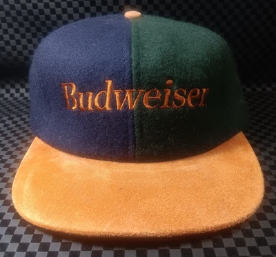 Vintage Budweiser Hat Cap RARE Suede Brim Wool Hat w/ Leather Strap & Clasp Back - Image 1 of 2
