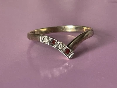 1990 Birmingham 9 Ct Gold on 925 Silver Ruby & White stones Wishbone Ring  - Image 1 of 4