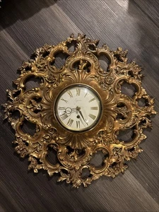1960s Vintage SYROCO Gold Resin 8-day windup Rococo & Brass Wall Clock USA 18" - Bild 1 von 11
