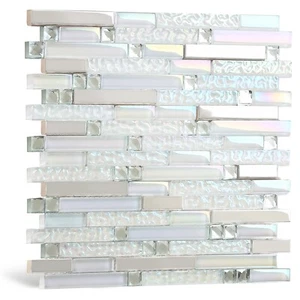 Glass Tile Iridescent White Kitchen Backsplash Tiles Bathroom Mosaic Box of 5 - Picture 1 of 24