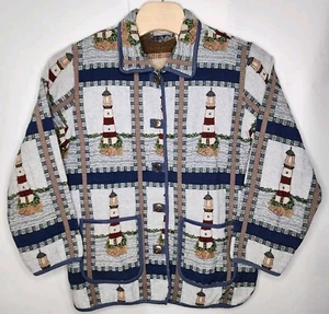 Vintage Blair Lighthouse Jacket Patchwork Tapestry Nautical Woven Button Up XLG - Picture 1 of 13