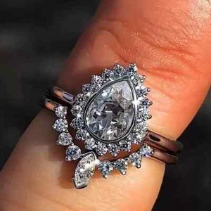 3.00 Ct Pear Moissanite Women's Engagement Bridal Set Ring 14K White Gold Plated - Picture 1 of 8