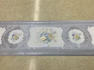 VICTORIAN SILK BLUE AND YELLOW FLORAL WALLPAPER BORDER - Picture 1 of 3