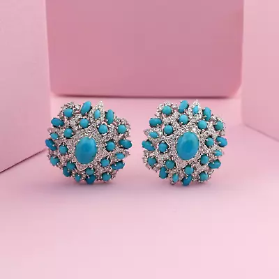 7.93 TCW Lab Grown CVD Diamond Turquoise Gemstone Earrings Solid 14k White Gold - Image 1 of 4