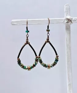 Handmade Copper Wire Hoop Dangle Boho Earrings African Turquoise Gemstones - Picture 1 of 9