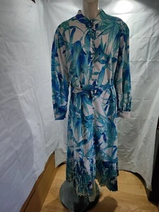 RAISHMA blue floral print long sleeve belted high round neck maxi dress 22 NEW - Picture 1 of 4