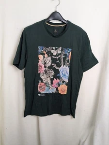 Next Mens casual top t-shirt size large green short sleeve dramatic dark floral - Picture 1 of 8