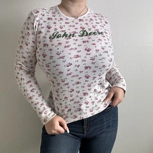 JOHN DEERE Y2K White Pink Floral Cottage Waffle Knit Thermal Long Sleeve Top - Picture 1 of 9