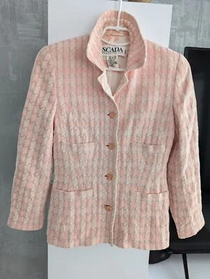 Escada Margaretha Ley 粉红色复古棉羊毛纽扣粗花呢夹克外套 36 S — 第 1/4 张图片