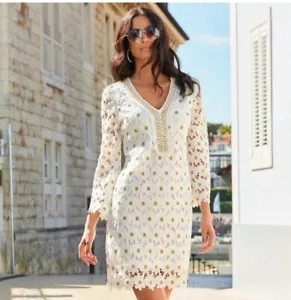 NWT BOSTON PROPER Beaded Floral Lace Tunic Dress White Gold SZ XS - Picture 1 of 21